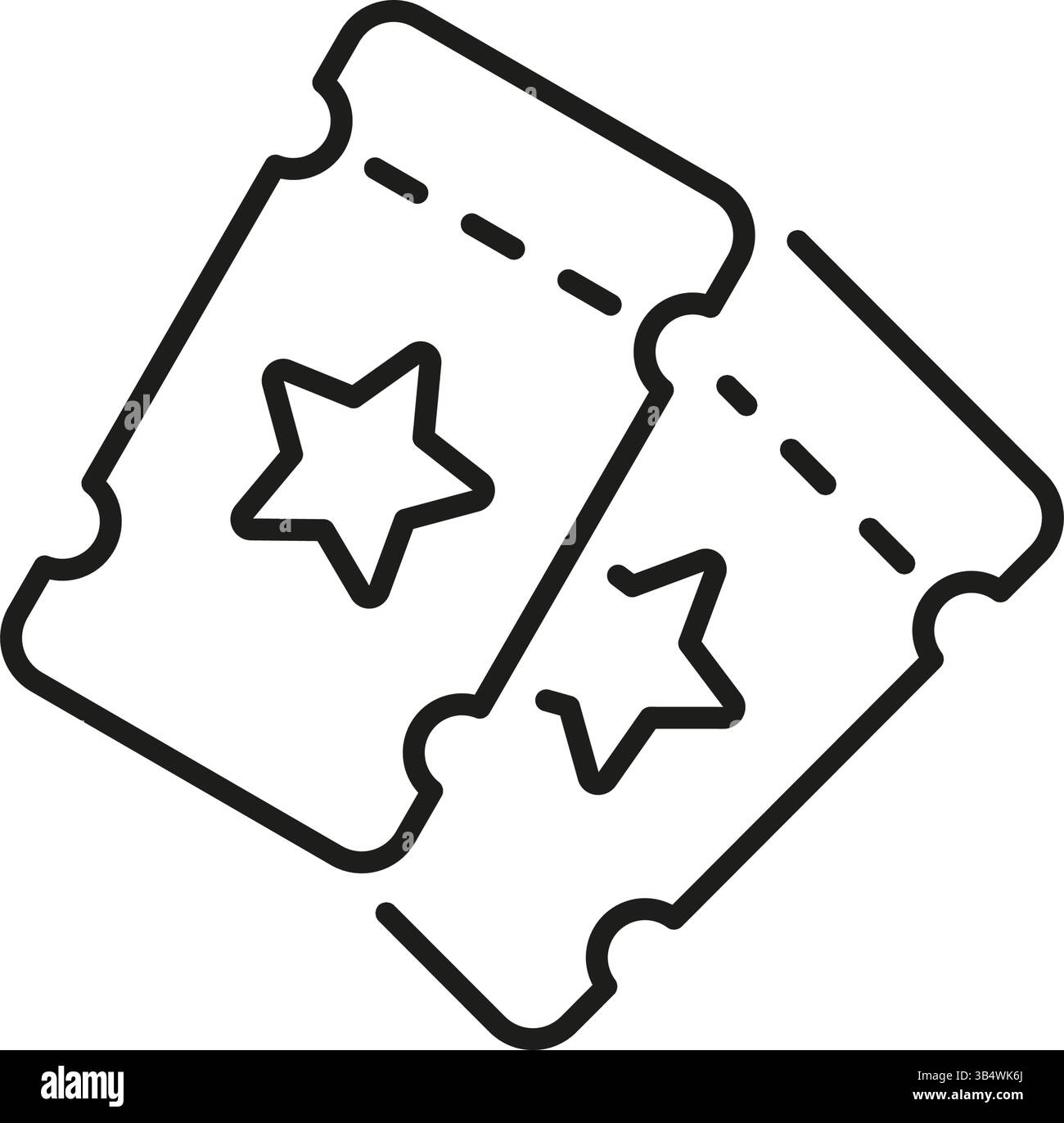 Deux billets pour l'événement avec l'icône Stars Line. Accès aux divertissements, entrée au concert et symbole de contour de passe cinéma. Système de billetterie et planification d'événements Illustration de Vecteur