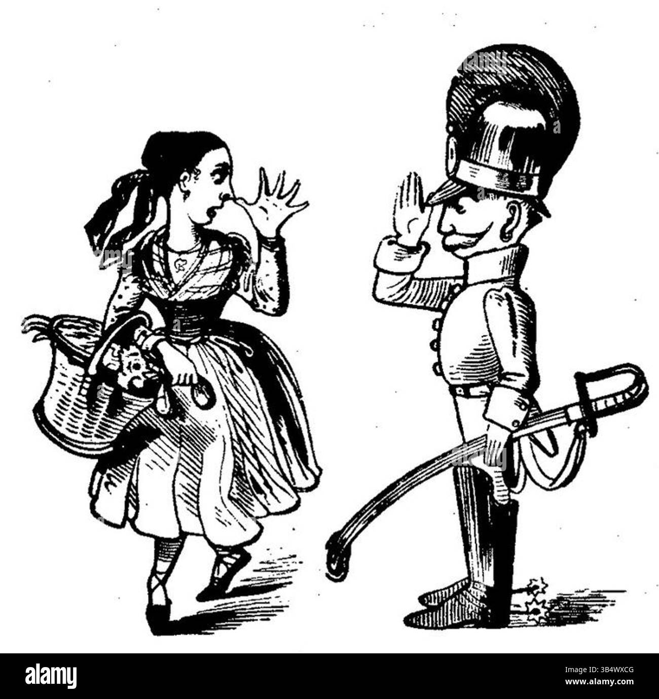 Cette illustration de *Fliegende Blätter* (vol. 2, numéro 34, 1846) représente une scène humoristique ou satirique typique des journaux illustrés allemands de l'époque. La gravure capture le commentaire social et politique animé, souvent critique, que l'on trouve dans les publications du XIXe siècle. Banque D'Images