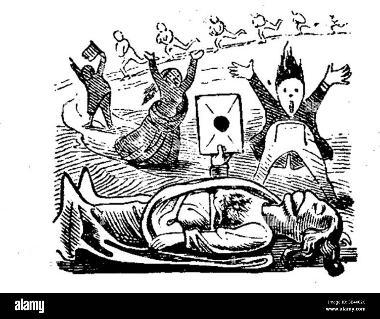 Cette illustration tirée de *Fliegende Blätter* (vol. 2, numéro 34, 1846) offre un aperçu de la satire allemande du XIXe siècle. L'image aborde avec humour des sujets contemporains, reflétant le rôle de la revue dans la fourniture de divertissements et de commentaires sociaux. Banque D'Images