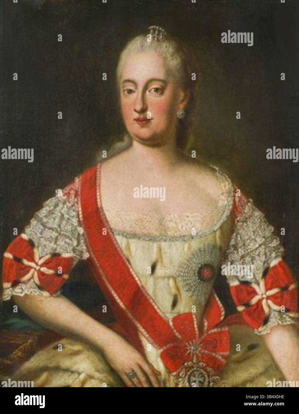 Ce portrait, souvent mal identifié comme Catherine la Grande, est probablement Marie Anne Sophie de Saxe, peinte vers 1760. L'huile sur toile reflète la mode et le style portrait royal de l'époque. Banque D'Images