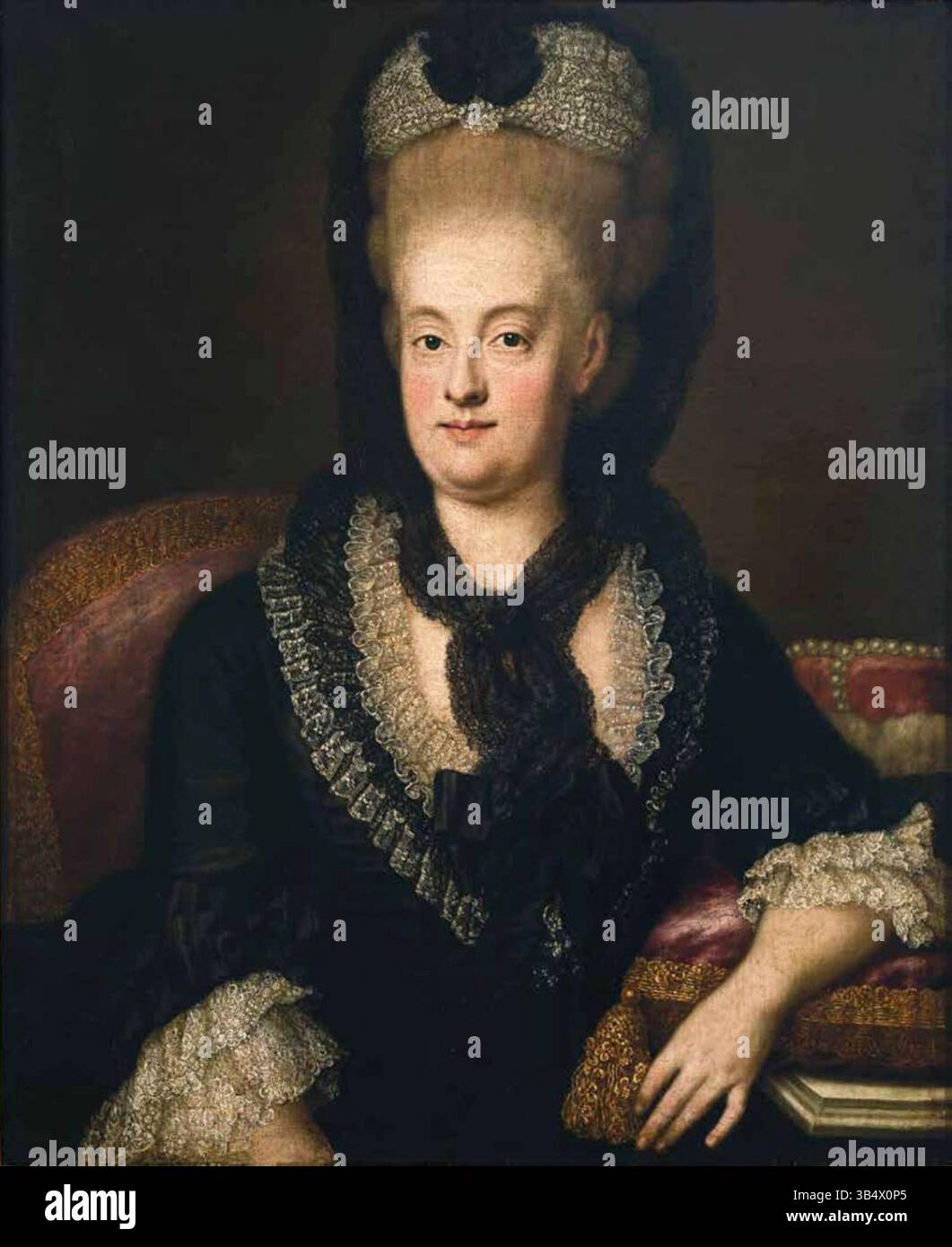 Ce portrait de 1780, attribué à l'Atelier de Georg Desmarées, montre Marie Anne Sophie de Saxe, veuve de Maximilien III Joseph de Bavière. L'huile sur toile capture le portrait formel de la princesse bavaroise en deuil. Banque D'Images