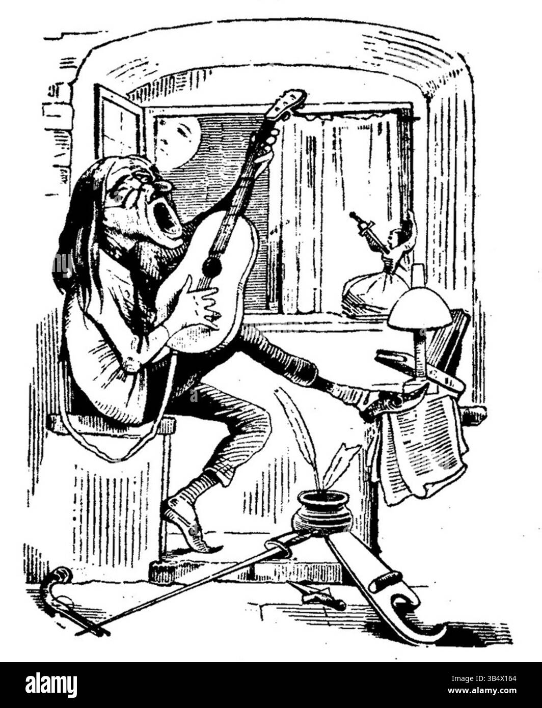 Illustration tirée de Fliegende Blätter, volume 2, numéro 40, page 128, créée en 1846. L'œuvre met en valeur le style distinctif et l'artisanat de l'illustration allemande au XIXe siècle. Banque D'Images