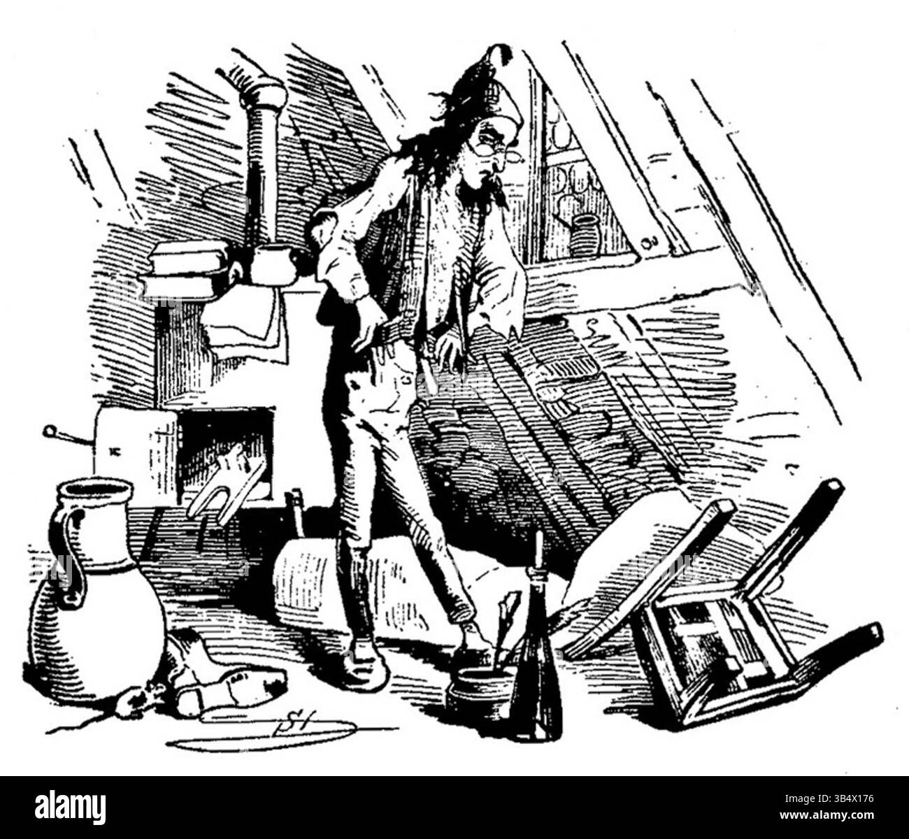 Illustration tirée de Fliegende Blätter, volume 2, numéro 40, page 121, créée par Carl Stauber en 1846. L’œuvre représente une scène historique dans un style détaillé et expressif. Banque D'Images