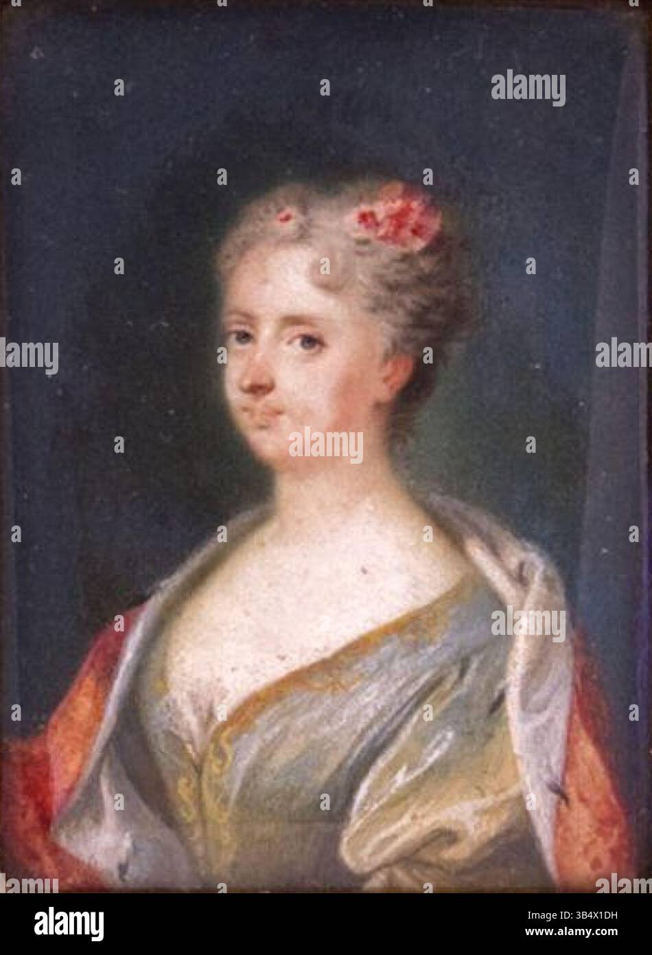 Ce portrait miniature du XIXe siècle, censé représenter Louise Charlotte d'Augustenburg, représente une femme ornée d'une cape avec des bordures d'hermine. L'œuvre, créée au début des années 1700, fait partie d'une collection de portraits royaux historiques. Banque D'Images