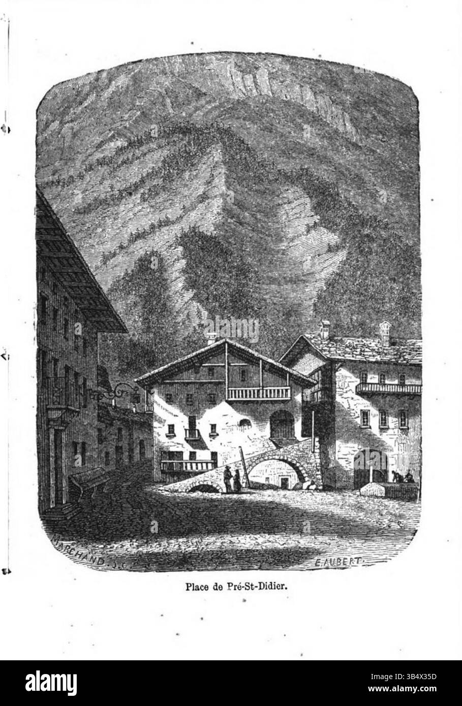 Cette gravure d'Édouard Aubert représente la place de pré-Saint-Didier, une place de la ville dans la vallée d'Aoste, en Italie. L'image met en évidence la disposition architecturale et les caractéristiques locales de la place historique. Banque D'Images Cette gravure d'Édouard Aubert représente la place de pré-Saint-Didier, une place de la ville dans la vallée d'Aoste, en Italie. L'image met en évidence la disposition architecturale et les caractéristiques locales de la place historique. Banque D'Images