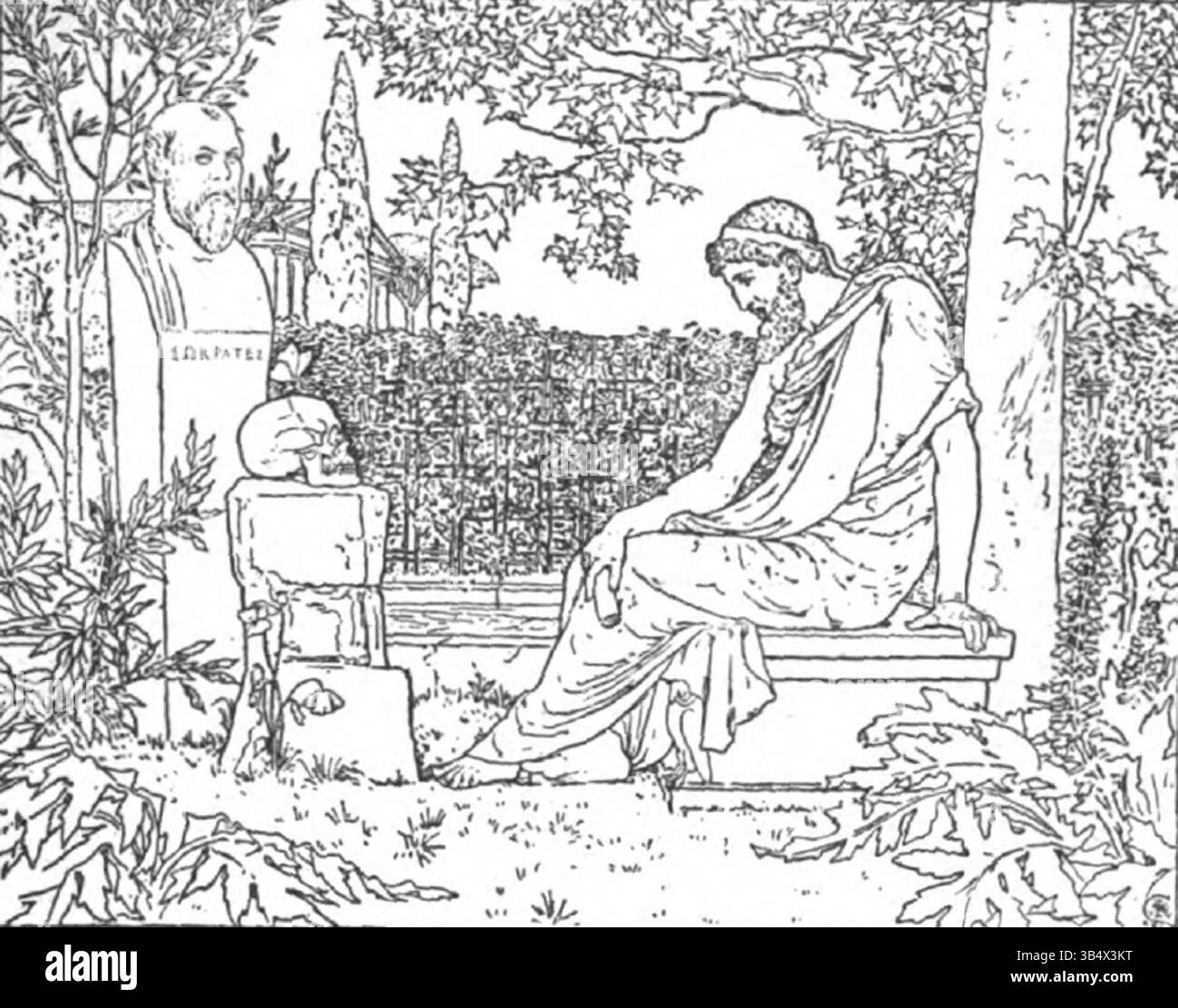 Une gravure de Walter Crane de 1894, illustrant Platon méditant sur l'immortalité devant la tombe de Socrate. La pièce symbolise la réflexion philosophique, utilisant des motifs comme un papillon et un crâne. Banque D'Images