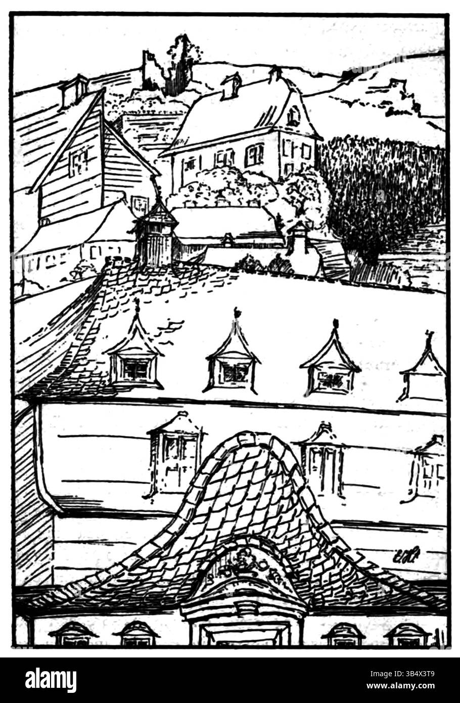 Image tirée de l'œuvre d'Eli Heimans de 1906, « Wandelen en waarnemen », représentant Monschau. L'image figure à la page 240 du livre et illustre la ville au début du XXe siècle. Banque D'Images