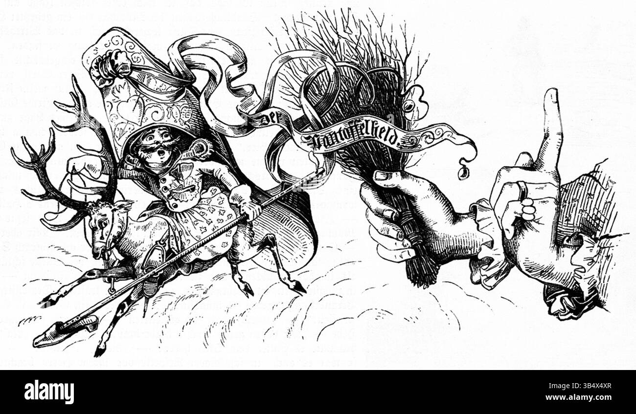 Illustration tirée de 'Fliegende Blätter', volume 2, numéro 47, page 183, créée en 1846, reflétant le ton satirique du magazine allemand. Banque D'Images