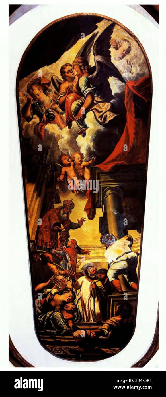 'Présentation de Marie' de Léos Moskos, peinte entre 1660 et 1690, représente l'événement religieux de Marie présentée au Temple, peint en tempera d'oeuf sur le plafond de la Sala del Capitolo à Venise. Banque D'Images