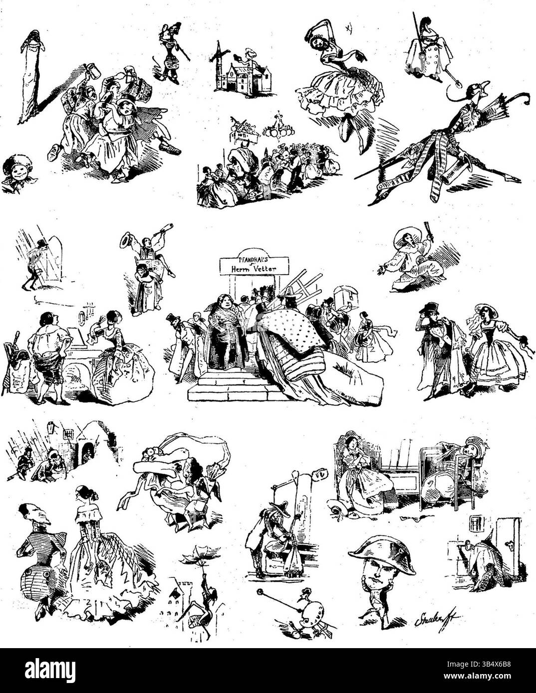 Cette illustration de Carl Stauber, publiée dans *Fliegende Blätter* (vol. 2, numéro 34, 1846), présente le style satirique de Stauber, mêlant humour et commentaire social. La pièce reflète l'art allemand du XIXe siècle, abordant des questions politiques ou culturelles contemporaines. Banque D'Images