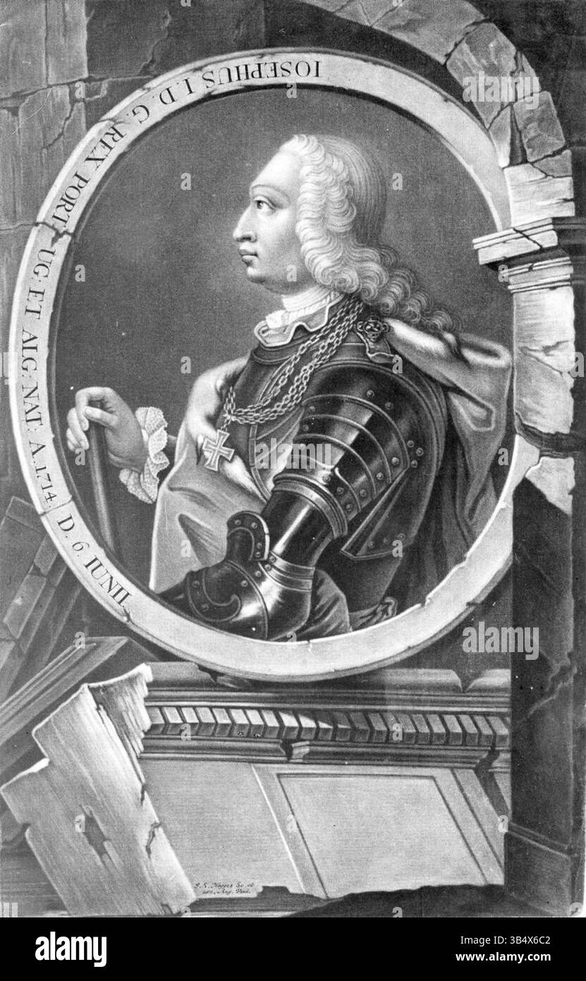 Gravure de Johann Simon Negges, représentant Joseph Ier, roi du Portugal, entouré de ruines, allégorie du tremblement de terre de Lisbonne de 1755. Banque D'Images