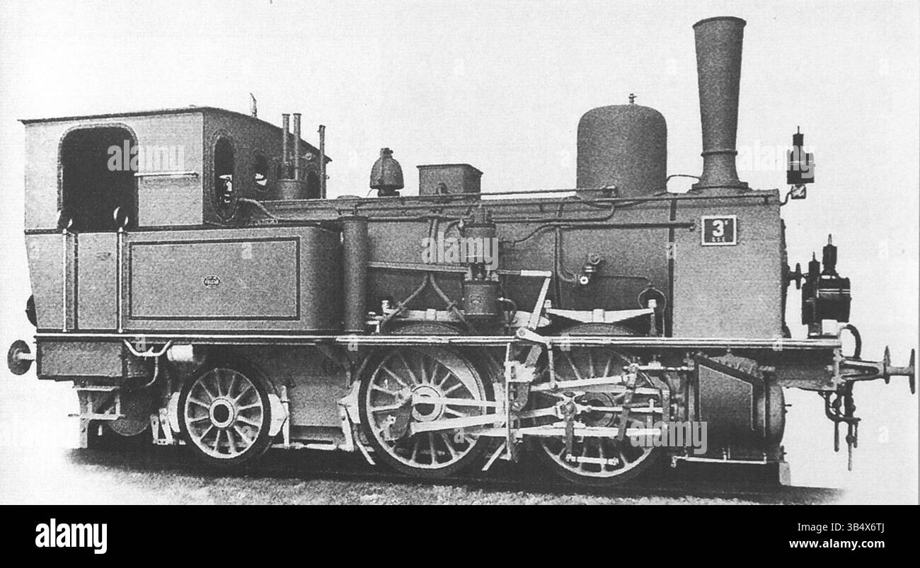 Une image historique de la locomotive Vulcan 3e du chemin de fer Braunschweig-Schöninger. La photo représente une locomotive à vapeur d'époque utilisée au début du XXe siècle, mettant en valeur l'architecture industrielle de l'époque. Banque D'Images