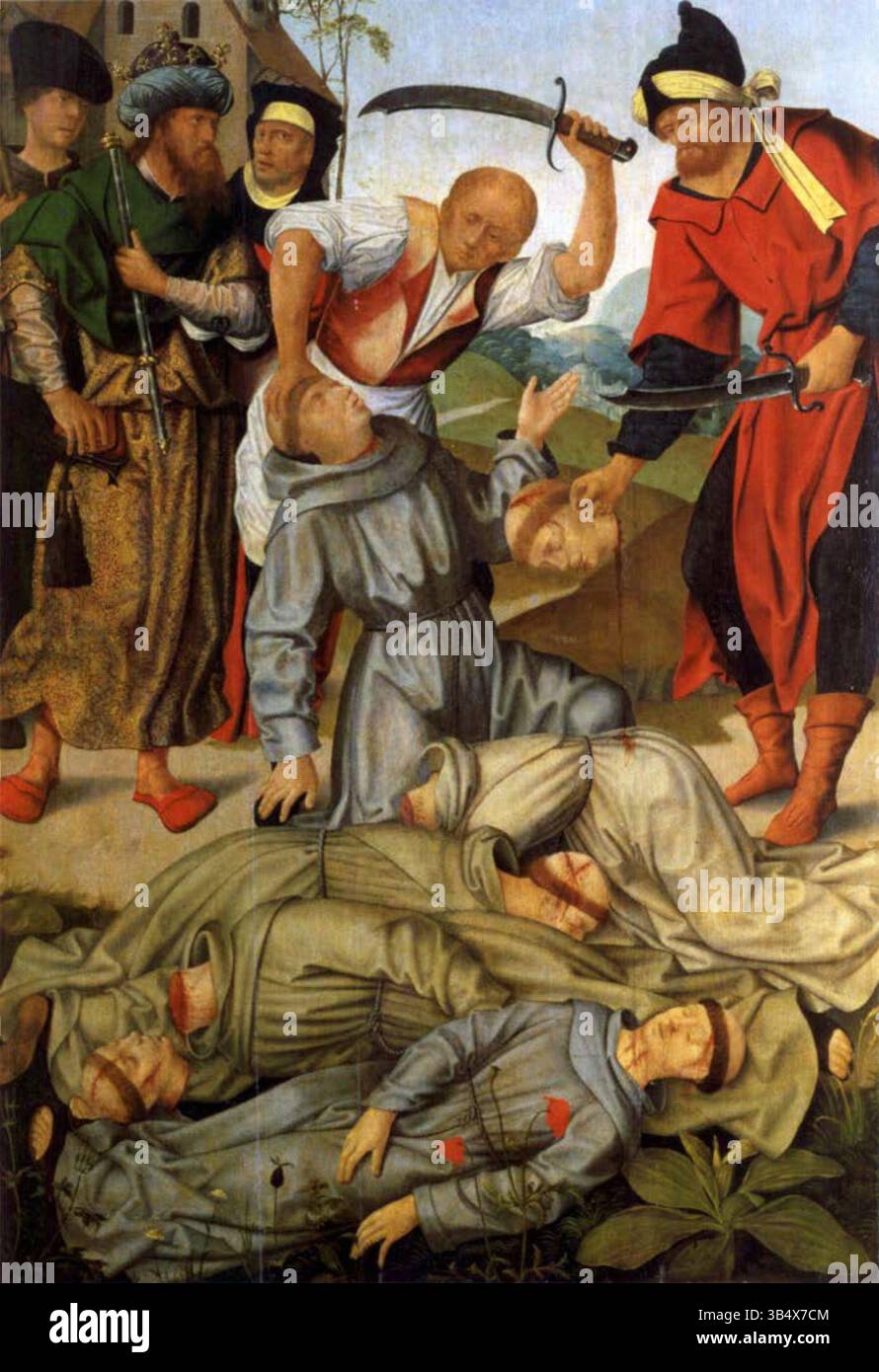 'Saints Martyrs du Maroc', une œuvre créée par l'atelier de Francisco Henriques vers 1508-199, représente le martyre des saints chrétiens au Maroc. Cette pièce est située dans le Musée National d'Art ancien de Lisbonne, Portugal. Banque D'Images