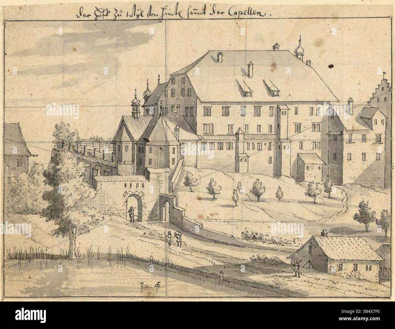 'Hof zu Wil' (vers 1713) est un dessin détaillé à l'encre de Johann Melchior Füßli, mettant en valeur l'architecture et la structure d'un site historique à Wil, en Suisse. L'œuvre reflète les techniques de dessin européennes du XVIIIe siècle. Banque D'Images 'Hof zu Wil' (vers 1713) est un dessin détaillé à l'encre de Johann Melchior Füßli, mettant en valeur l'architecture et la structure d'un site historique à Wil, en Suisse. L'œuvre reflète les techniques de dessin européennes du XVIIIe siècle. Banque D'Images