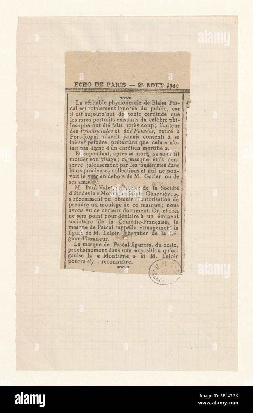 Cet imprimé de la collection Boyer présente le masque mortuaire de Blaise Pascal, figure incontournable de la science et de la philosophie françaises du XVIIe siècle. Le masque représente la ressemblance physique finale de Pascal, préservée après son décès. Banque D'Images