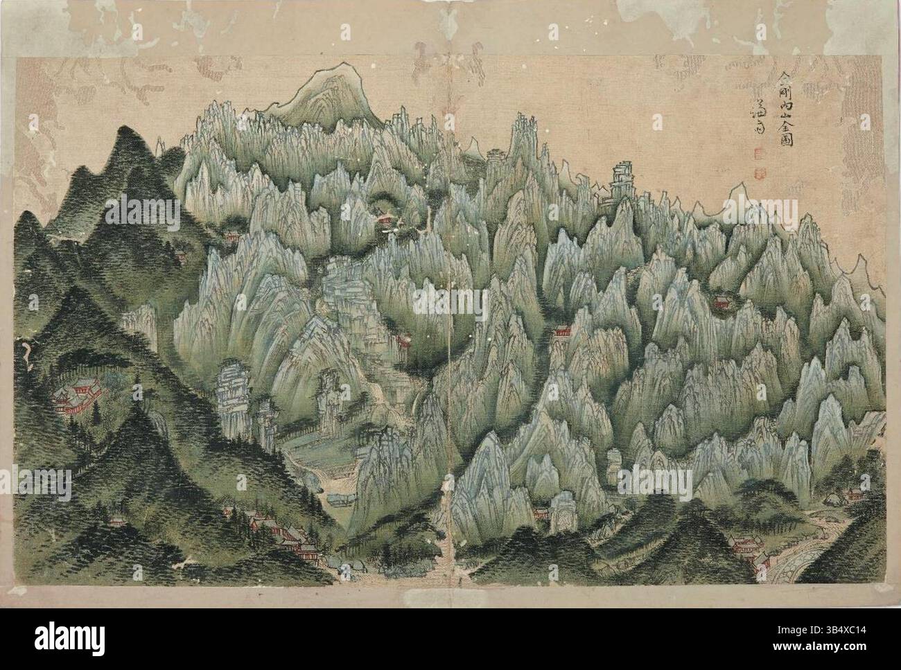 Vue complète de Jeong Seon sur le mont Geumgang' des années 1750 capture le paysage serein de la montagne et de l'abbaye de Waegwan en Corée. Peint sur soie, il reflète la maîtrise de l’artiste dans la représentation de paysages naturels. Banque D'Images Vue complète de Jeong Seon sur le mont Geumgang' des années 1750 capture le paysage serein de la montagne et de l'abbaye de Waegwan en Corée. Peint sur soie, il reflète la maîtrise de l’artiste dans la représentation de paysages naturels. Banque D'Images