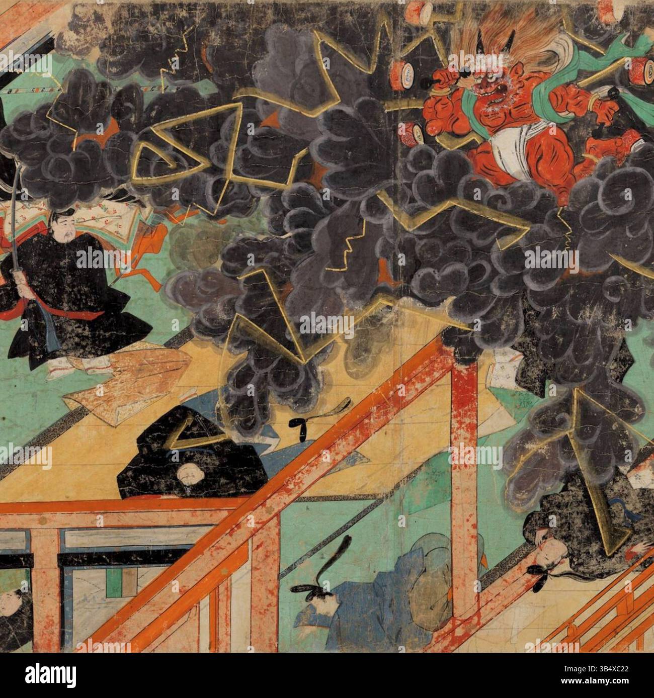 Portion de rouleau du XIIIe siècle Kitano Tenjin engi emaki, version Jokyo, rouleau 5. La représentation montre Sugawara no Michizane descendant sur le palais impérial comme le Dieu du tonnerre. Banque D'Images