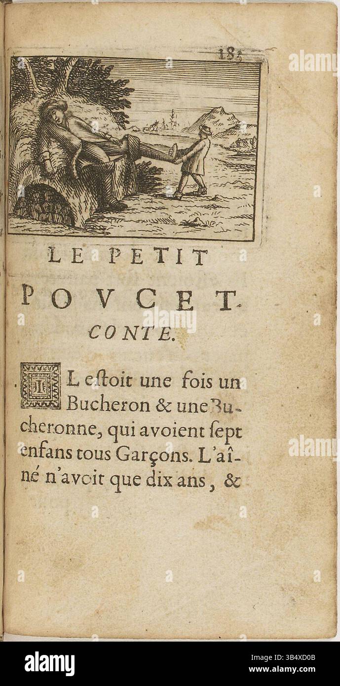 Gravure d'Antoine Clouzier illustrant 'le petit Poucet' tirée des contes de Charles Perrault, publiés en 1697. Cette gravure sur cuivre faisait partie de l'édition originale de 'contes de ma mère l'Oye'. Banque D'Images