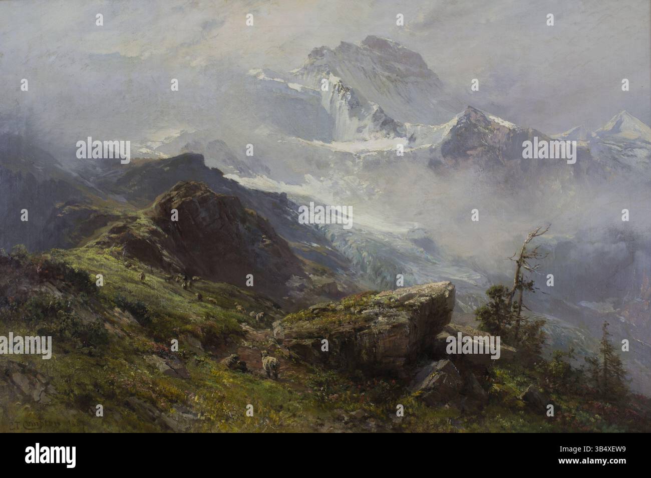 'La Jungfrau', une peinture de 1887 d'Edward Theodore Compton, capture le paysage majestueux des Alpes suisses. L'huile sur toile fait partie de la collection du Vanderbilt Museum of Art, généreusement offerte par le professeur et MM. Overton Taylor. Banque D'Images