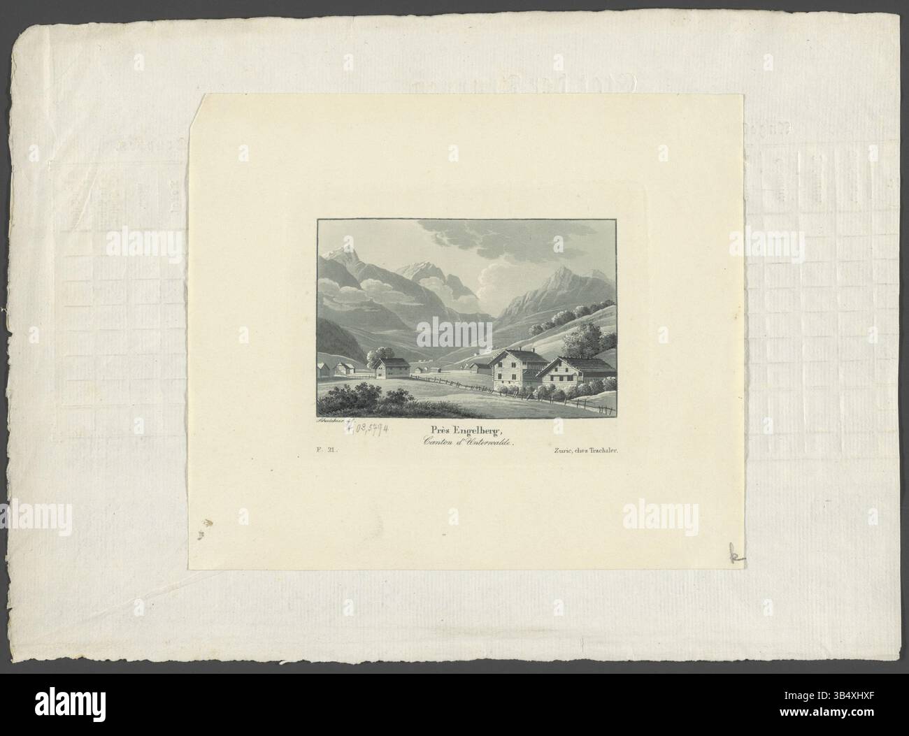 Cette estampe aquatinte du XIXe siècle, intitulée 'près Engelberg, Canton d'Unterwalde', représente des vues panoramiques d'Engelberg, en Suisse. Créé par Wilhelm Rudolf Scheuchzer, il a été édité par Trachsler'sche Buch- und Kunsthandlung à Zurich. L'œuvre comprend des détails tels que le Surenen-Pass, Spannörter, Grassen-Gletscher et Titlis montagnes, offrant une vue topographique et artistique de la région. Banque D'Images