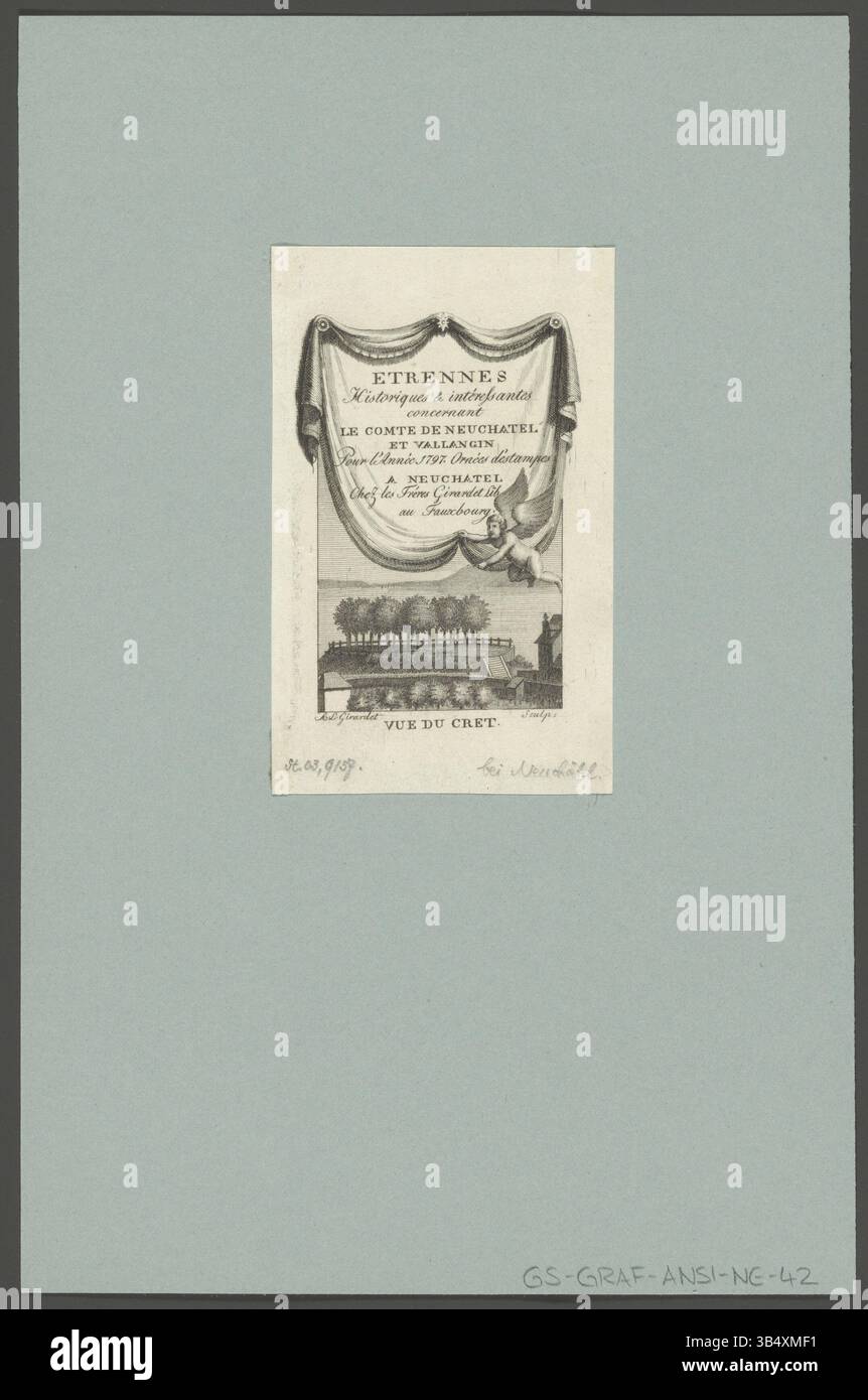 Cette gravure de 1797 d'Abraham Louis Girardet représente le comté de Neuchâtel et Vallangin, illustrant les monuments historiques et culturels de la région, y compris une vue sur la crête. Banque D'Images
