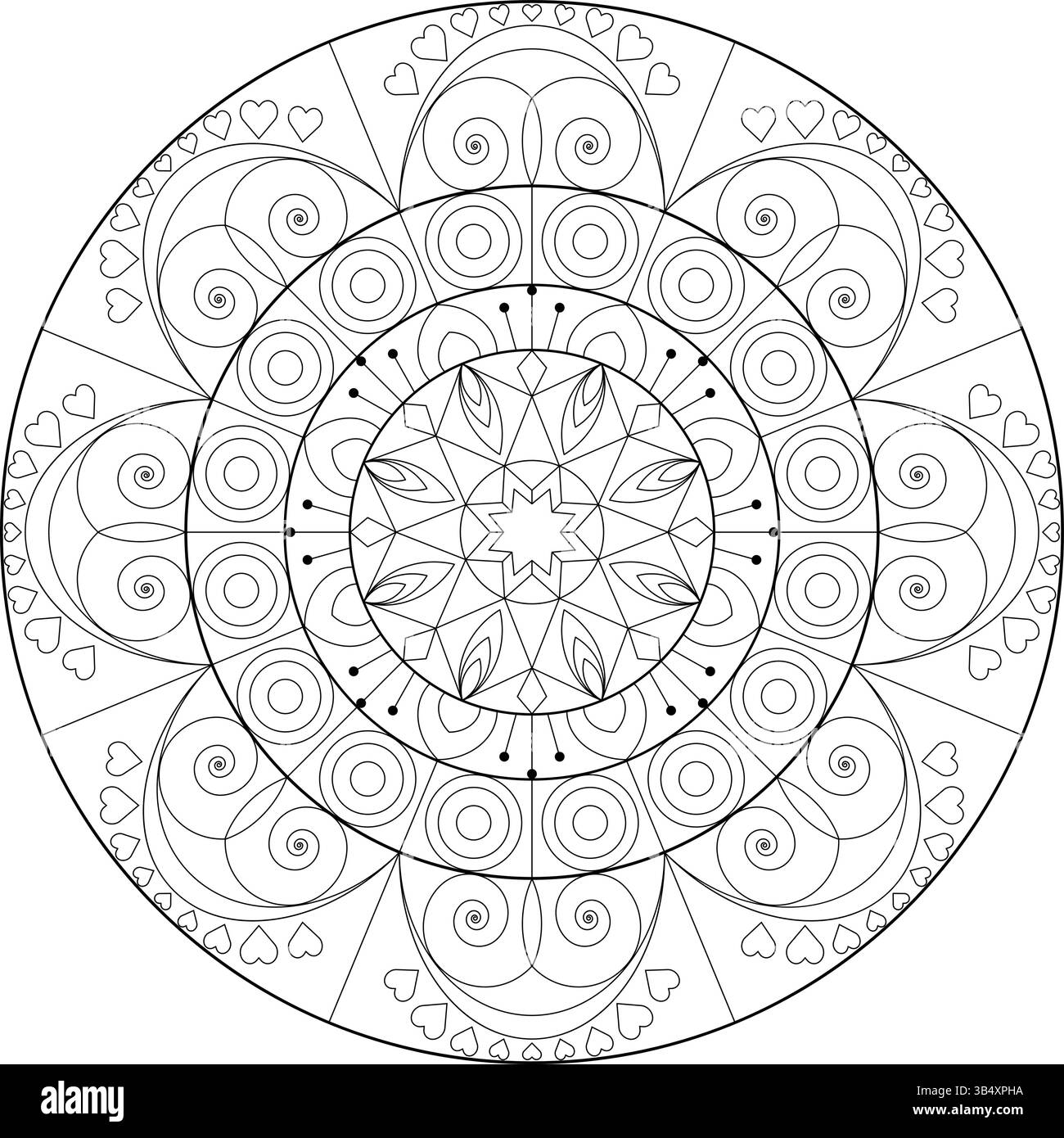 Mandala circulaire décoratif avec des éléments en spirale tourbillonnants et des détails de points, idéal pour les pages à colorier, l'art de méditation et la conception de tatouage Illustration de Vecteur