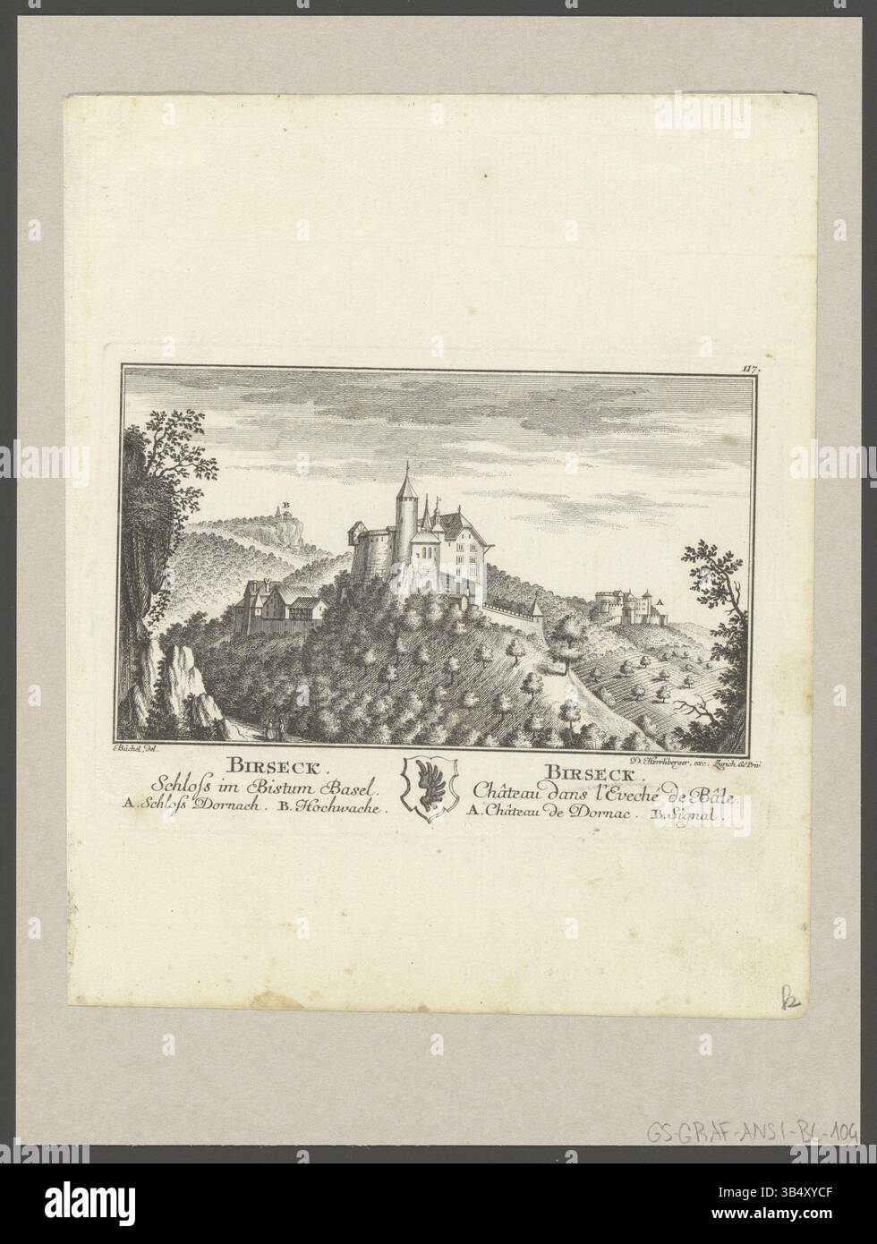 Une estampe d'Emanuel Büchel et David Herrliberger montrant des vues du château de Dornach et de la région de Birseck à l'évêché de Bâle. L’œuvre fait partie d’une série topographique complète axée sur les régions et les monuments suisses. Banque D'Images