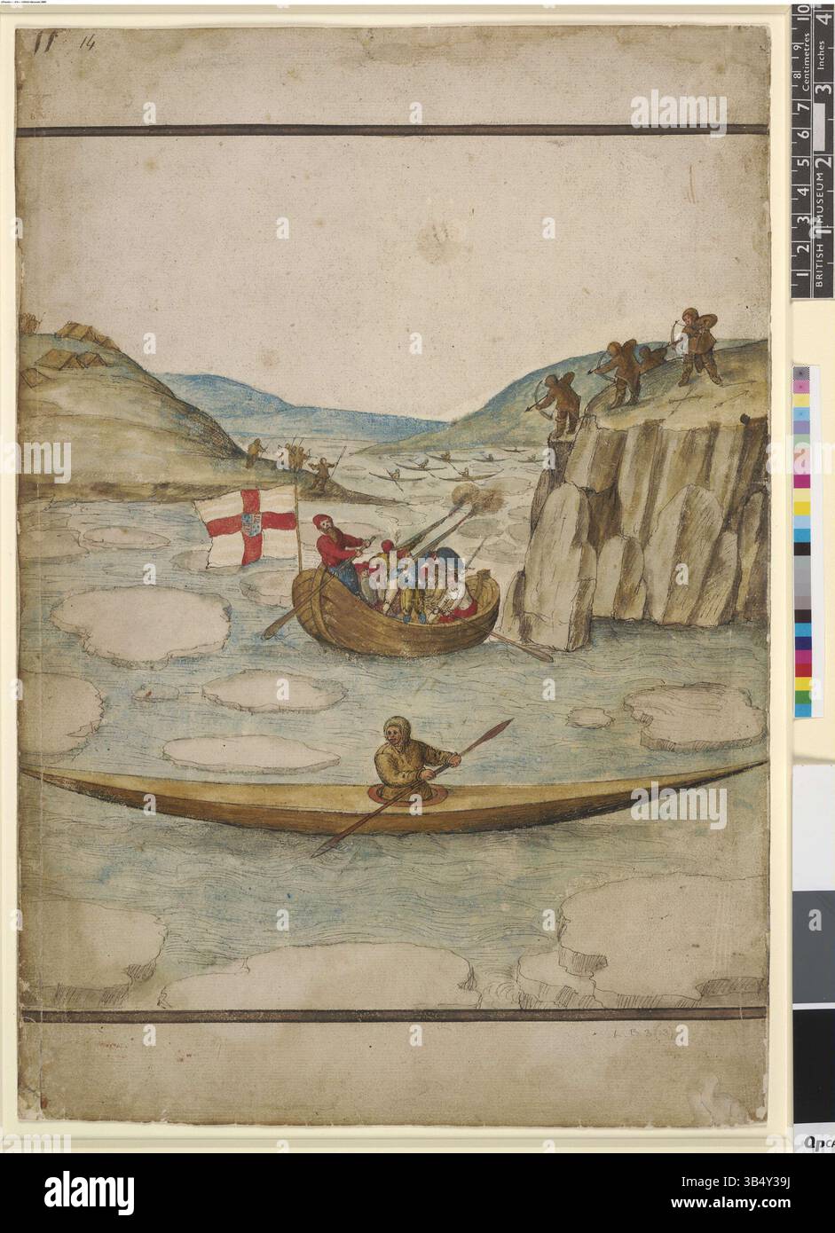 L'illustration de John White de 1585 représente une escarmouche à Bloody point, Frobisher Bay, au cours de l'expédition de Martin Frobisher à la fin des années 1570 La scène montre des Anglais dans un bateau ouvert tirant des fusils sur les Inuits sur la rive, tandis que des Inuits dans des kayaks s'engagent à distance. Le drapeau anglais porte une croix de St George. Banque D'Images