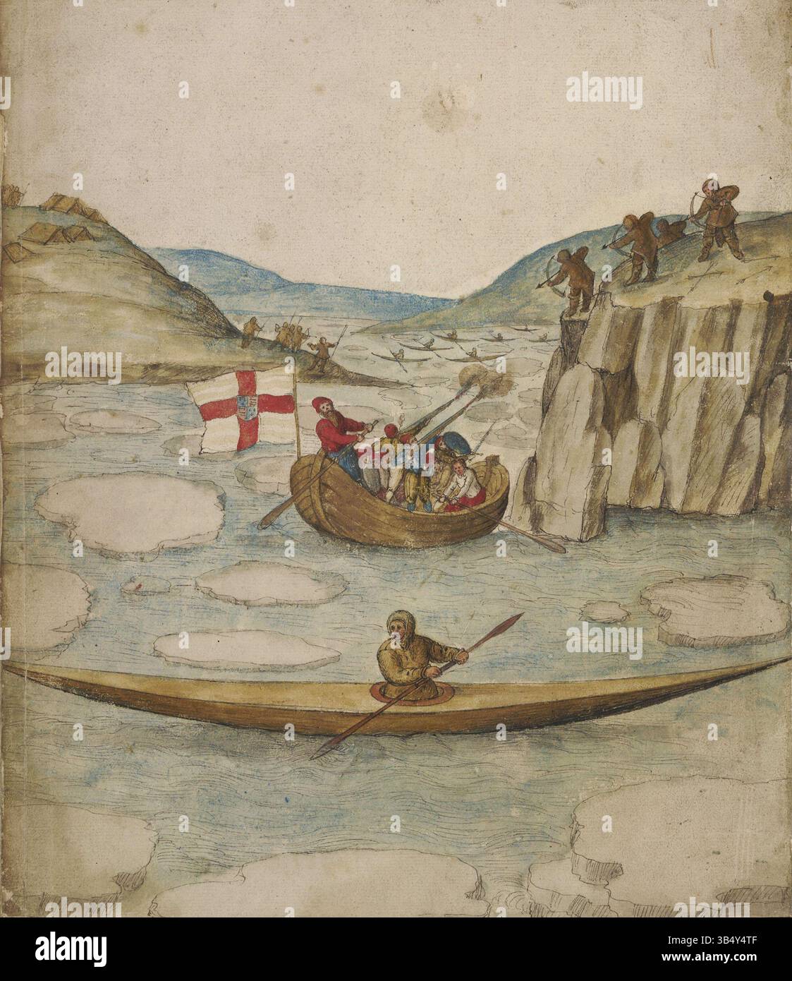 Une version recadrée de l'illustration de John White de 1585 montrant l'escarmouche à Bloody point, Frobisher Bay, où les Anglais s'engagent avec les Inuits pendant l'expédition arctique de Martin Frobisher. L'œuvre détaille le conflit entre les deux groupes, mettant en évidence le bateau anglais et les kayaks inuits. Banque D'Images