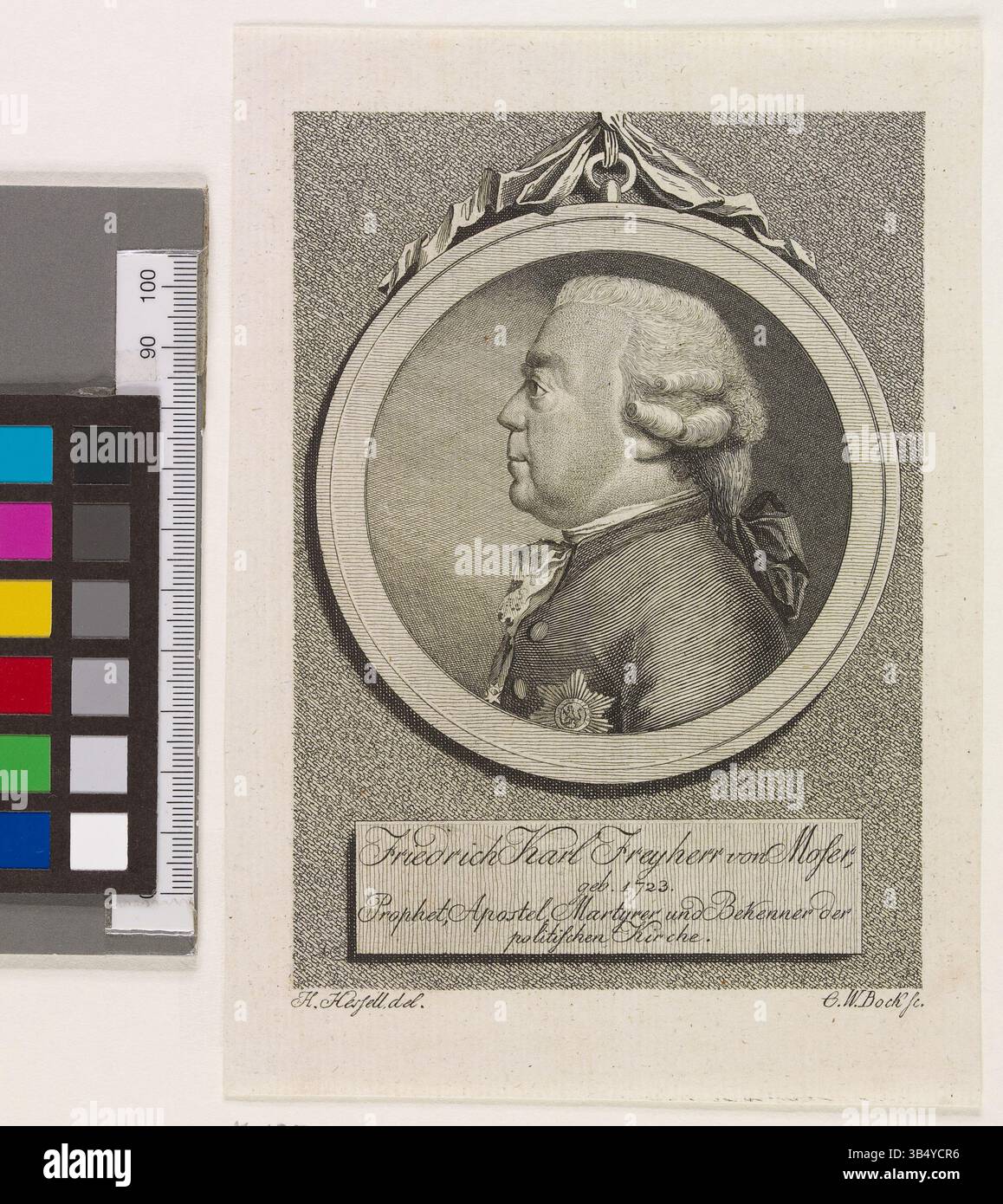 Portrait de Friedrich Karl Freyherr von Moser, créé par Christoph Wilhelm Bock et Leonhard Heinrich Hessell. Cette gravure sur cuivre fait partie de la collection de la bibliothèque de l'État et de l'université de Hambourg. Banque D'Images