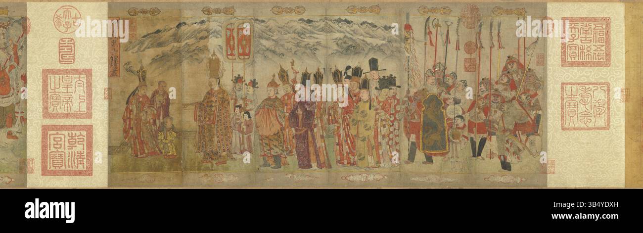 Cette peinture bouddhiste du XIIe siècle de Zhang Shengwen, du Royaume de Dali, présente une imagerie bouddhiste complexe. L’œuvre, conservée au Musée national du Palais, reflète les thèmes spirituels et les techniques artistiques de l’époque. Banque D'Images