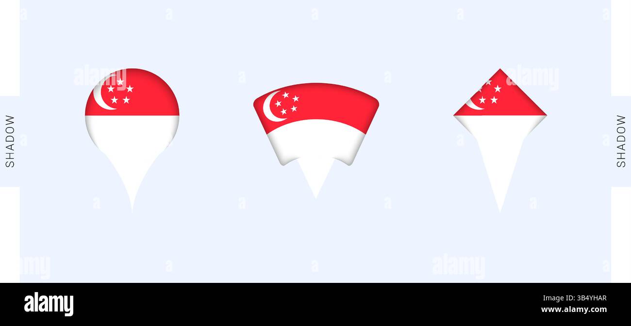Jeu de marqueurs cartographiques Singapour. Parfait pour les projets liés à Singapour, les voyages, la géographie et la représentation internationale. Collection vectorielle. Illustration de Vecteur