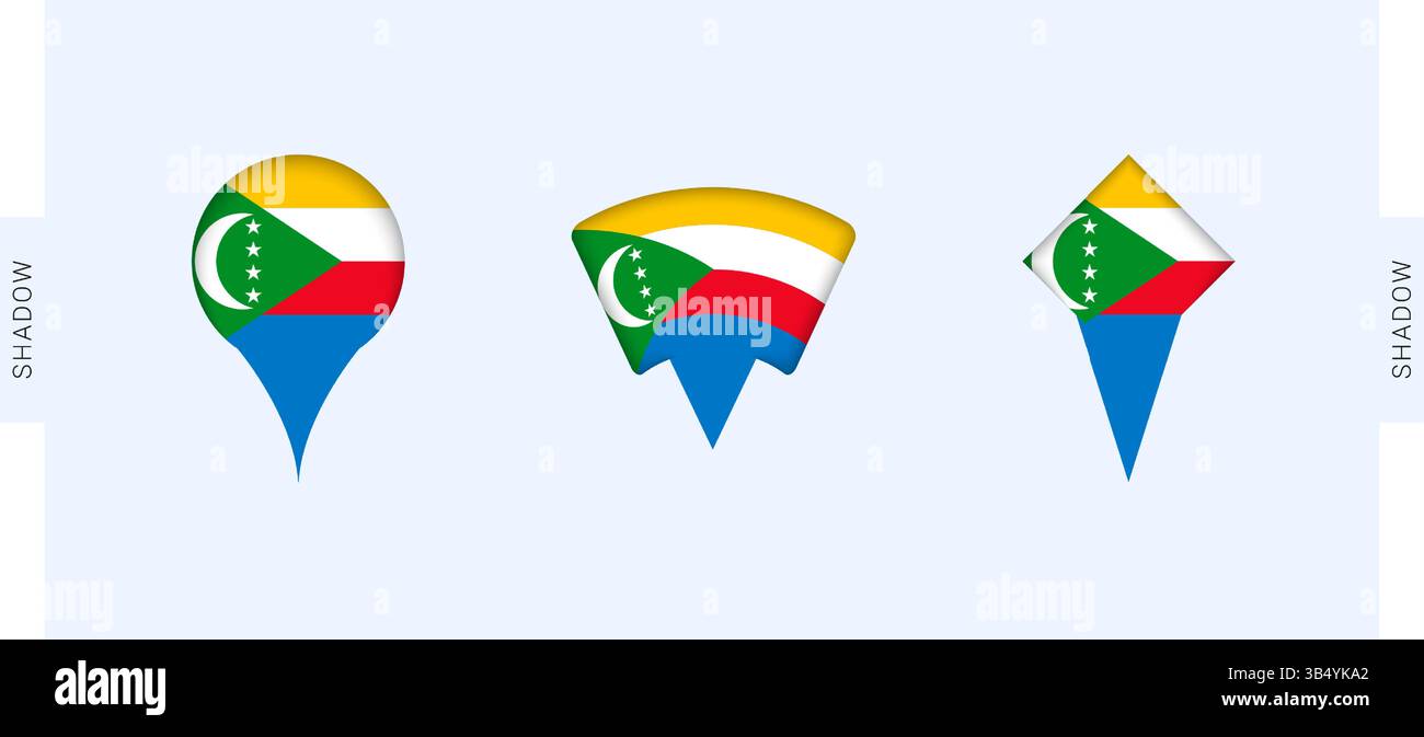 Jeu de marqueurs cartographiques Comores. Parfait pour les projets liés aux Comores, aux voyages, à la géographie et à la représentation internationale. Collection vectorielle. Illustration de Vecteur