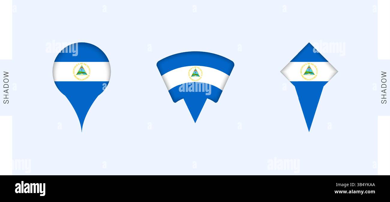 Ensemble marqueurs cartographiques Nicaragua. Parfait pour les projets liés au Nicaragua, les voyages, la géographie et la représentation internationale. Collection vectorielle. Illustration de Vecteur