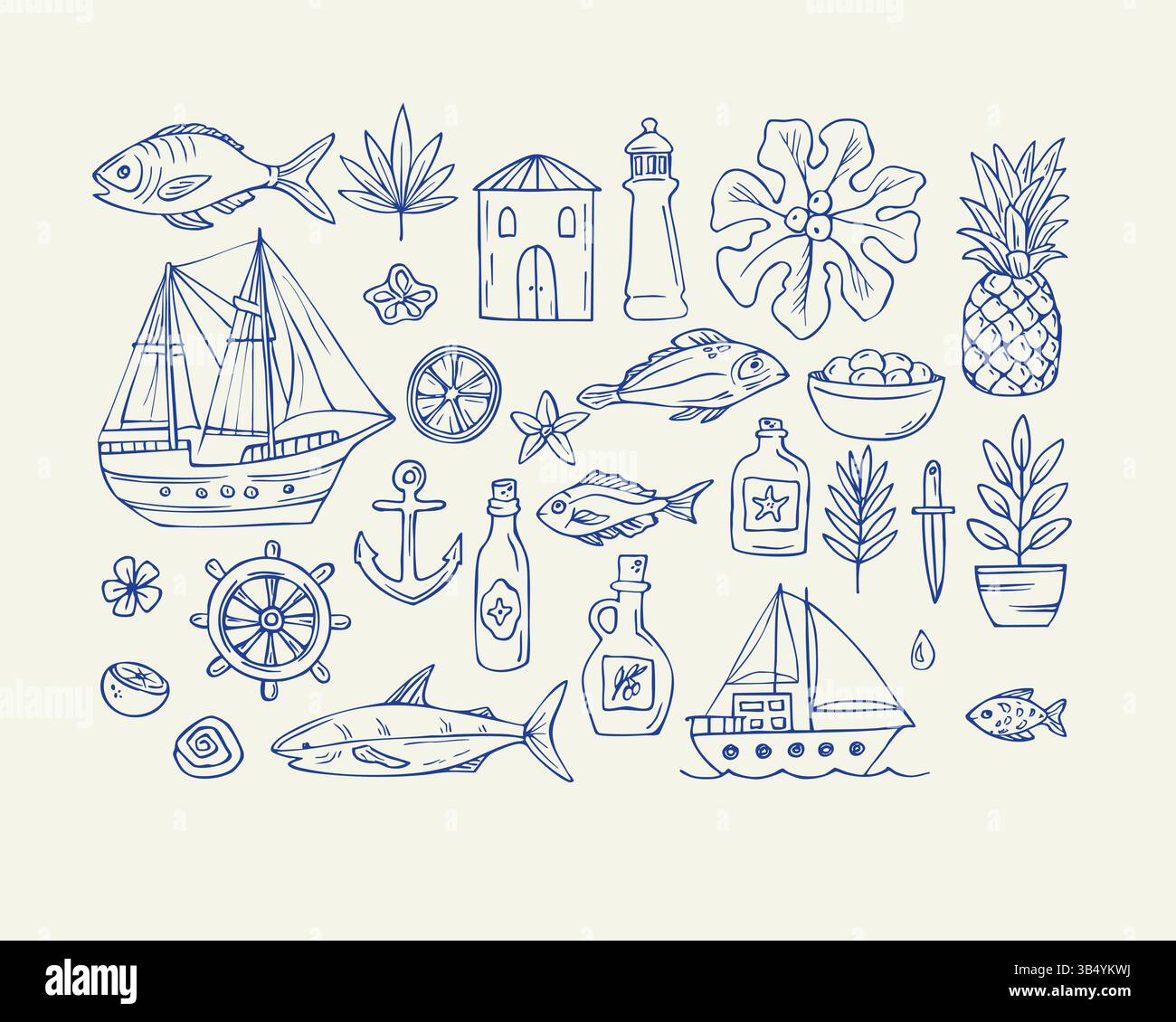 Ensemble de doodles de mer avec bateau et poisson bleu Illustration de Vecteur