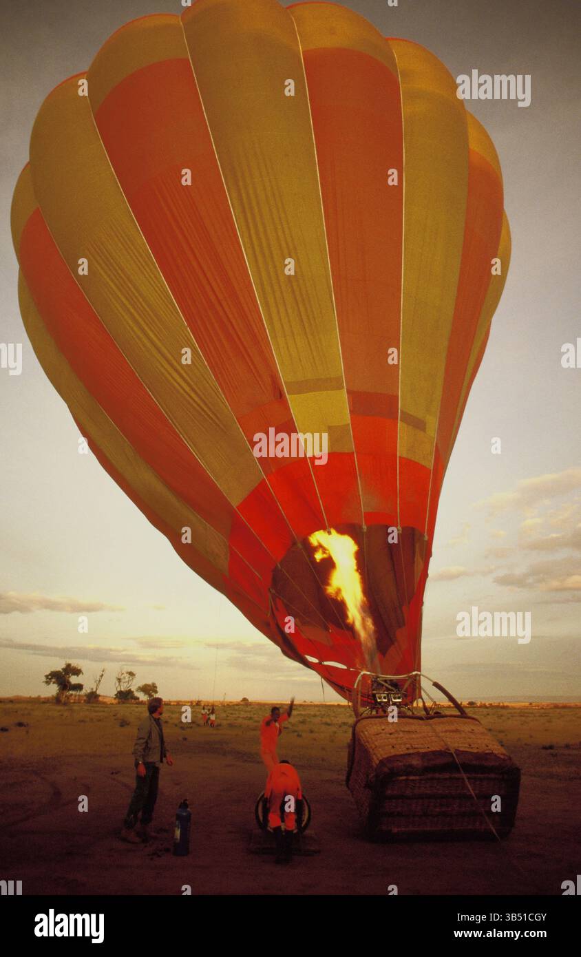 Kenya. Maasai Mara. Keekorok. Montgolfière. Ballon en cours de gonflage prêt pour le lancement au lever du soleil. Banque D'Images