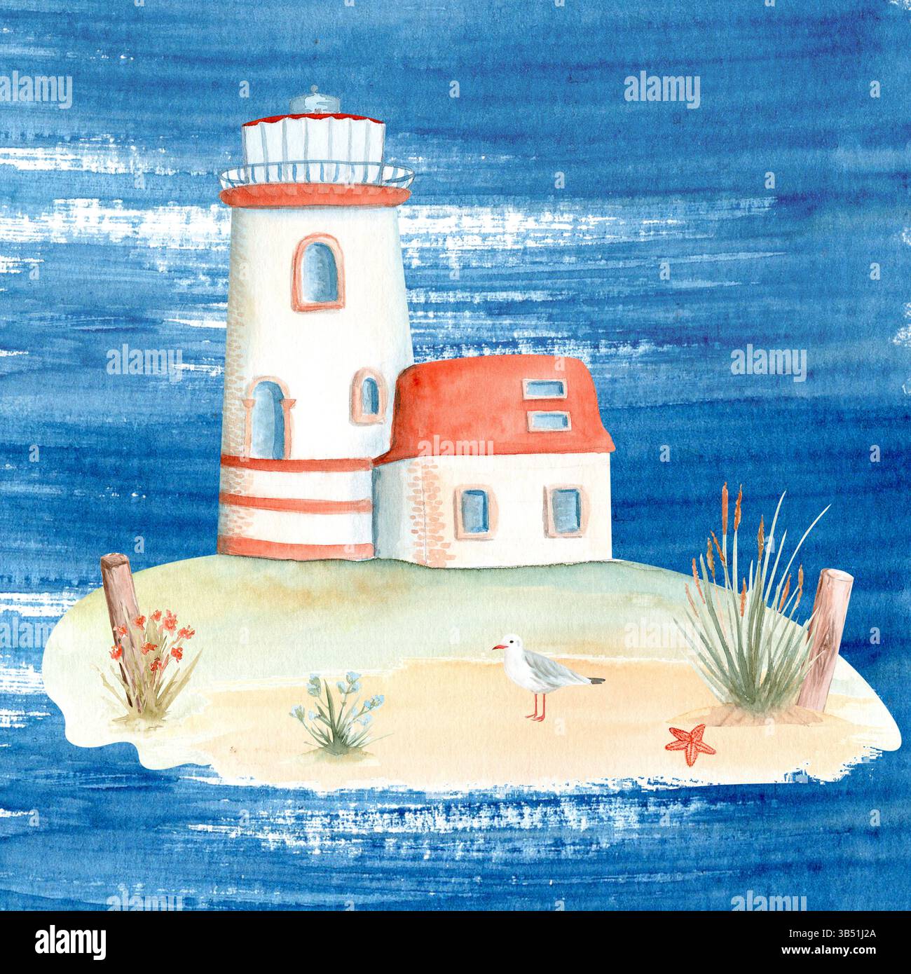 Phare aquarelle sur une illustration d'île isolée sur blanc. Clip art peint à la main idéal pour les cartes, bannières, publicités, affiches, guides Banque D'Images