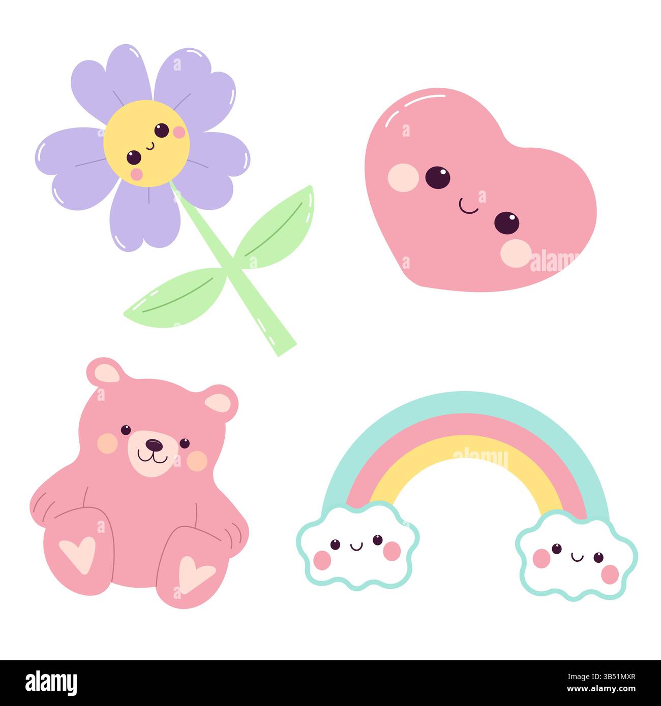 Ensemble mignon d'éléments kawaii. Ours en peluche, arc-en-ciel, fleur et cœur. Illustration de Vecteur
