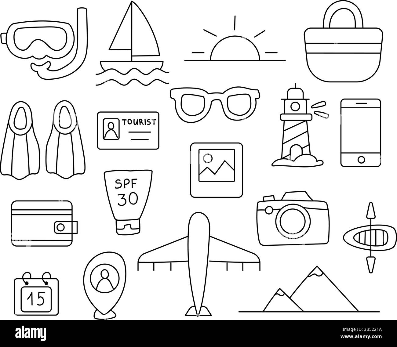 Ensemble de voyage Doodle avec des éléments d'été. Illustration de Vecteur