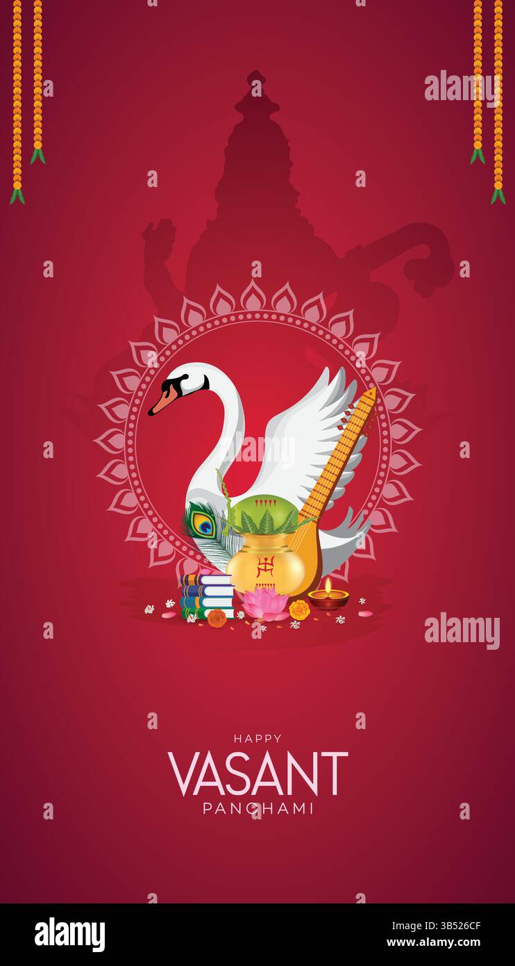 Vasant Panchami Story | avec Swan, Veena, Books et Lotus sur fond décoratif Illustration de Vecteur