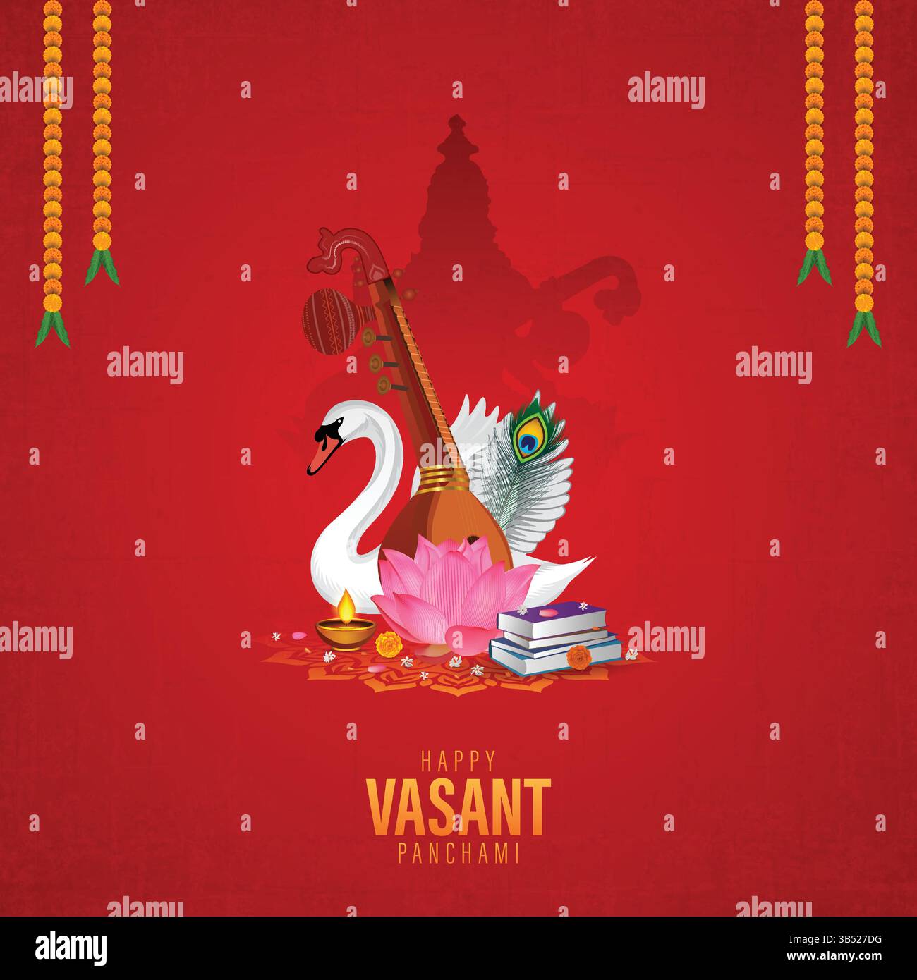 Affiche Vasant Panchami | avec Swan, Veena, Books et Lotus représentant la sagesse, heureux Vasant Panchami Illustration de Vecteur