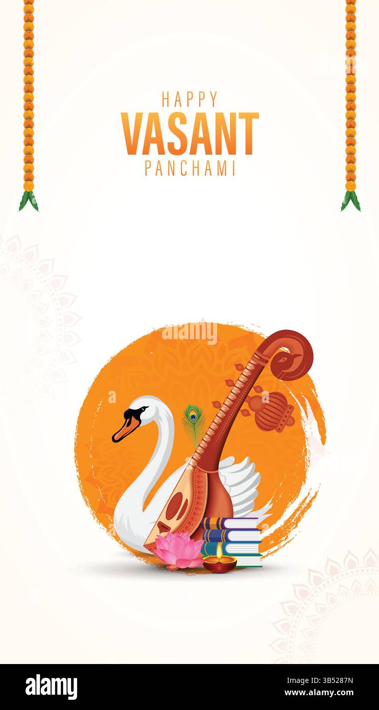 Vasant Panchami Story | avec Swan, Veena, Books et Lotus sur fond décoratif Illustration de Vecteur