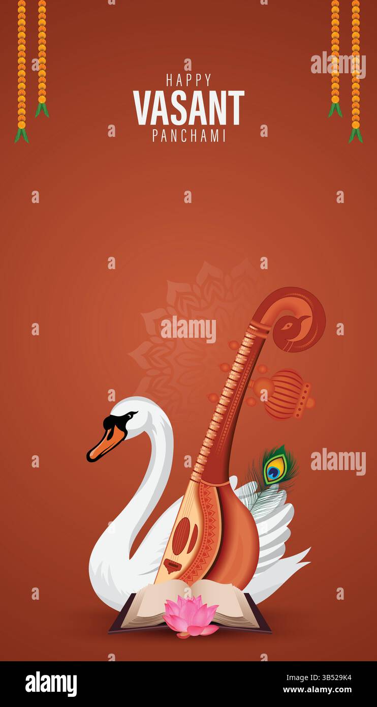 Vasant Panchami Story | avec Swan, Veena, Books et Lotus sur fond décoratif Illustration de Vecteur