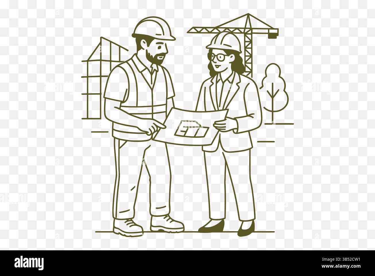 Illustration minimaliste d'art au trait d'un travailleur de la construction et d'un architecte discutant des plans sur place - architecture et scène du bâtiment Illustration de Vecteur