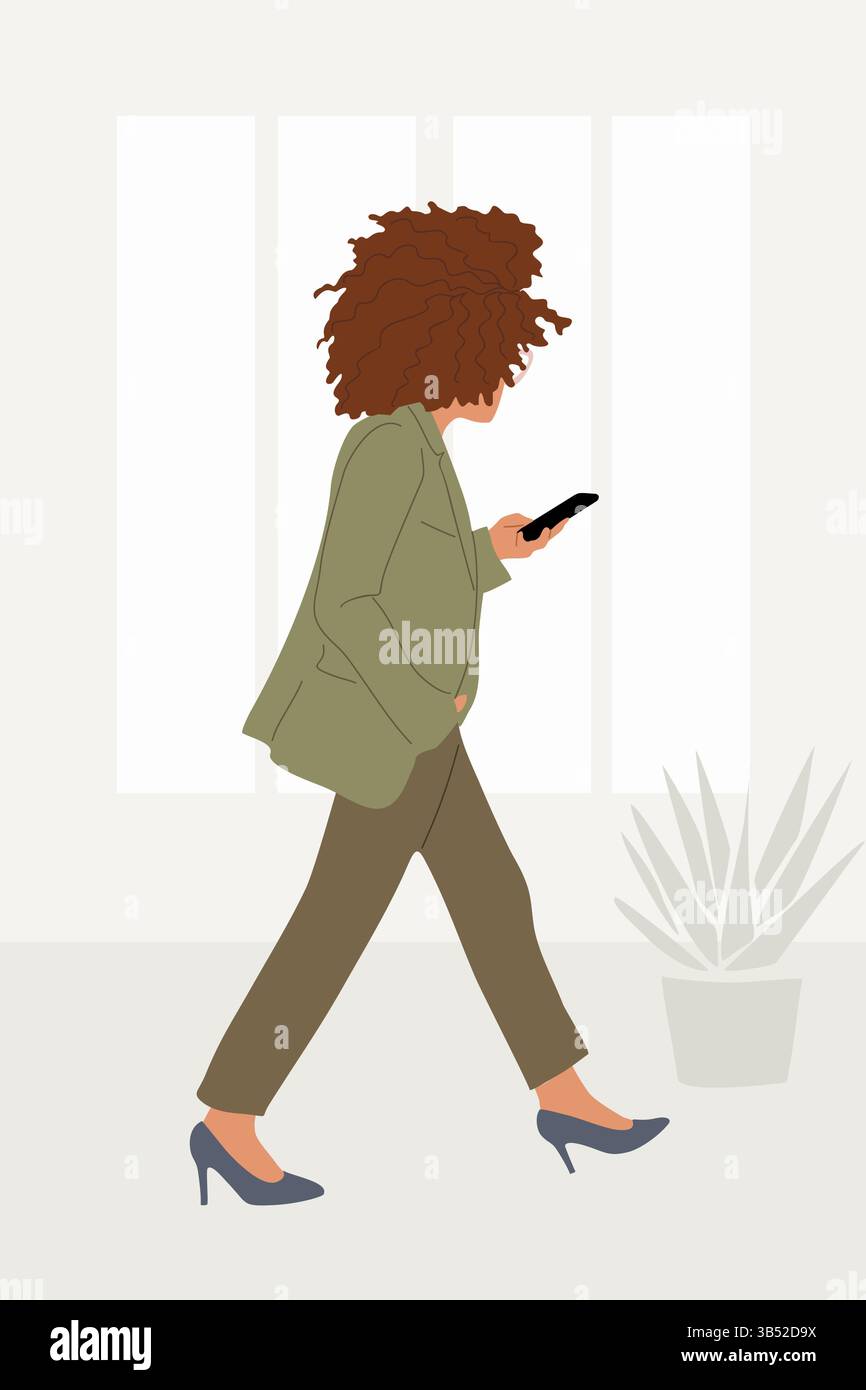 Une femme aux cheveux bouclés marche avec le téléphone Illustration de Vecteur
