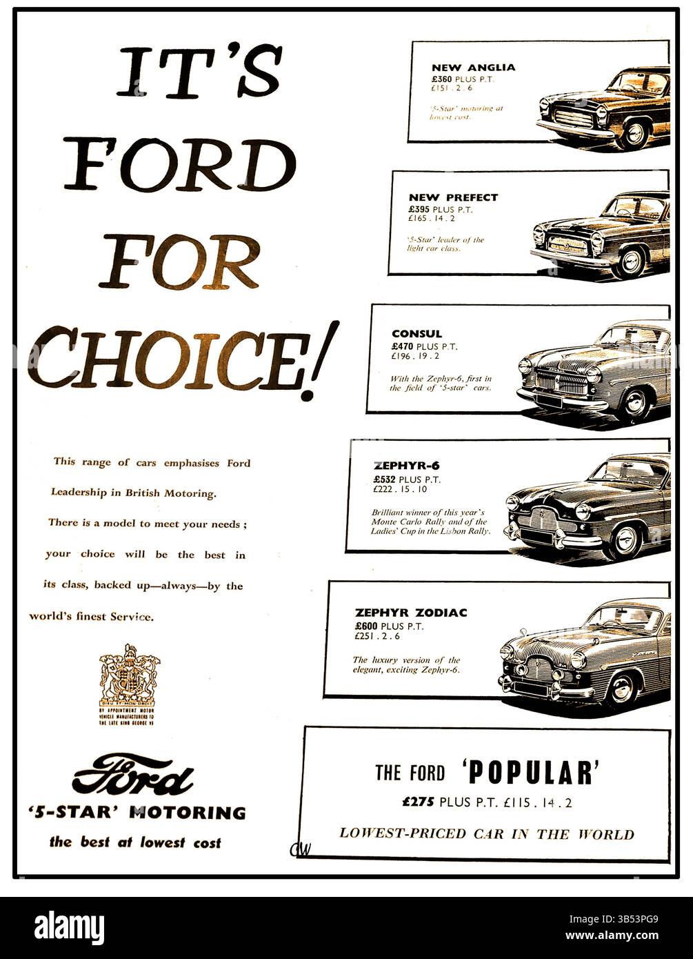 Une publicité britannique de 1953 pour Ford Motor Cars - ford, anglia, préfet, consul, zephyr, zodiaque et populaire. Banque D'Images