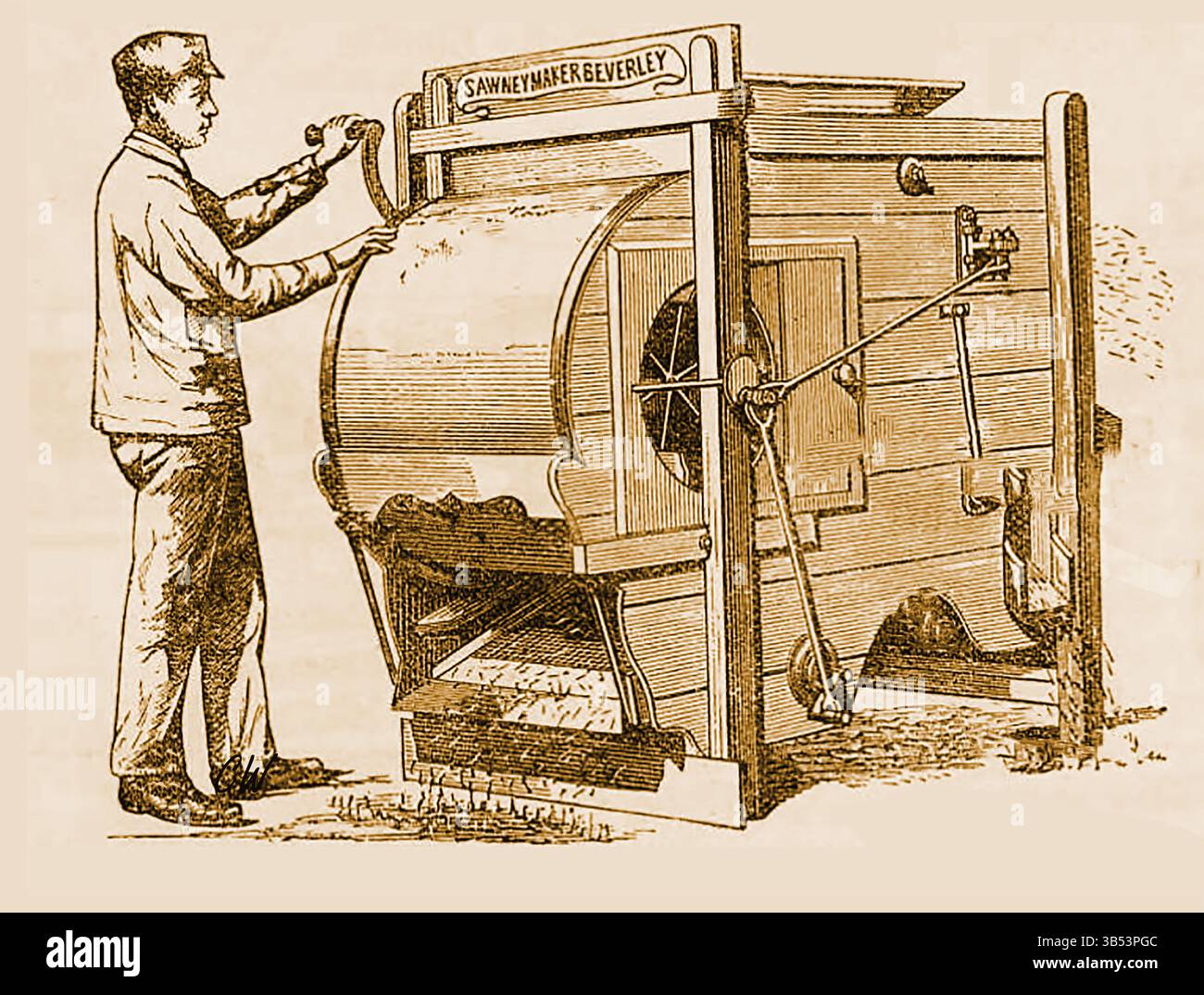 Machine agricole combinée de vannage, soufflage et criblage fabriquée par W Sawney de Beverley, Yorkshire. Banque D'Images