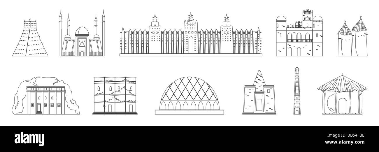 Un ensemble d'art au trait de formes architecturales africaines emblématiques, y compris des mosquées, des palais, des tours, des huttes, et d'anciennes églises taillées dans la roche. Célèbre la diversité culturelle et le patrimoine, illustration vectorielle. Illustration de Vecteur