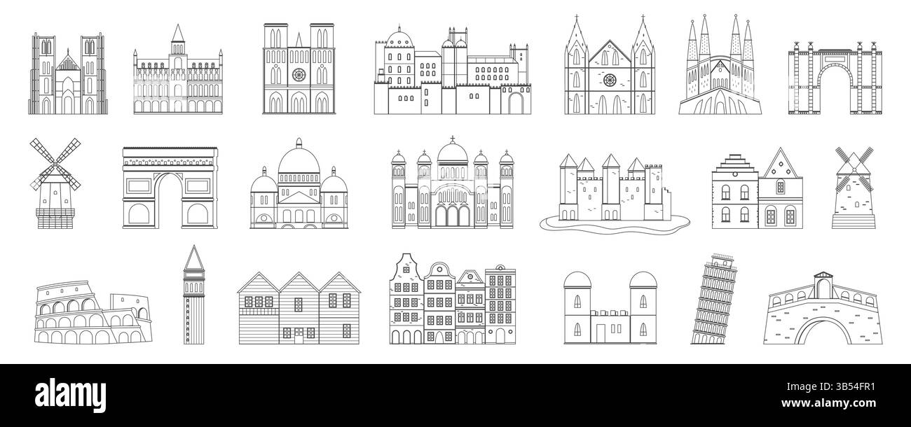 Outline collection de l'architecture européenne emblématique, y compris cathédrales, arches, châteaux, moulins à vent, et des bâtiments historiques. Met en évidence divers styles architecturaux, illustration vectorielle de ligne. Illustration de Vecteur