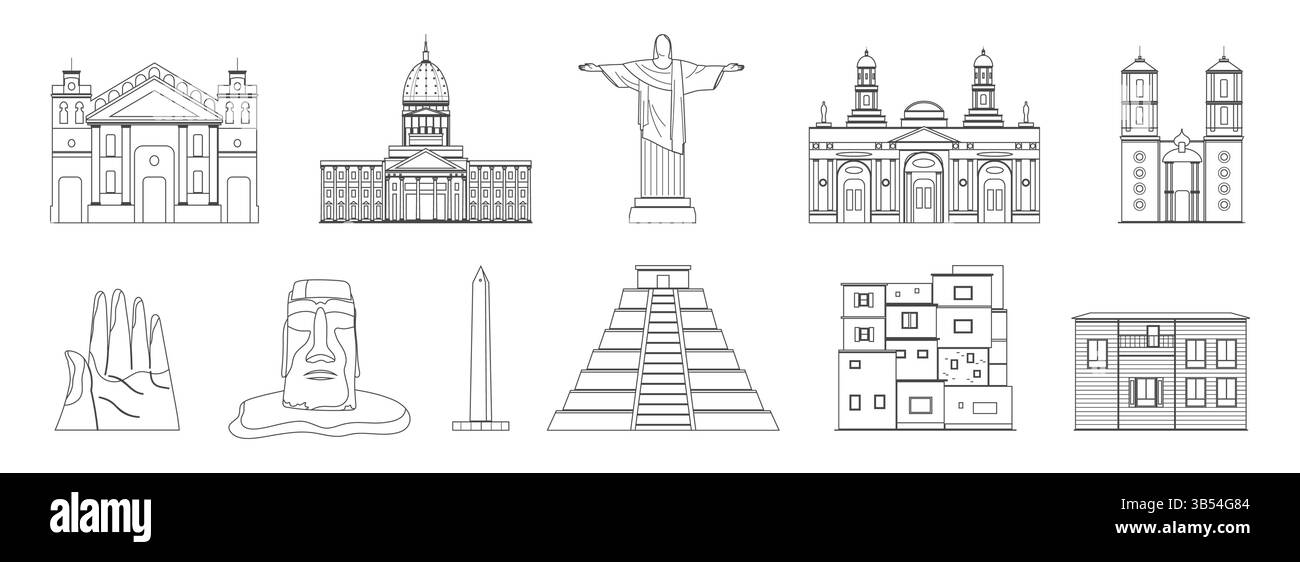 Oulline ensemble de monuments architecturaux et culturels d'Amérique latine, avec des églises, des monuments, des statues et des maisons traditionnelles. Capture le riche patrimoine de la région, illustration vectorielle de ligne. Illustration de Vecteur